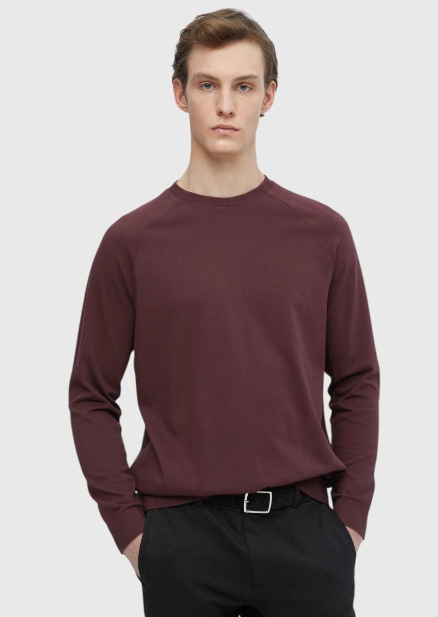 Burgundy Crew Neck Plain Sweatshirt - 1