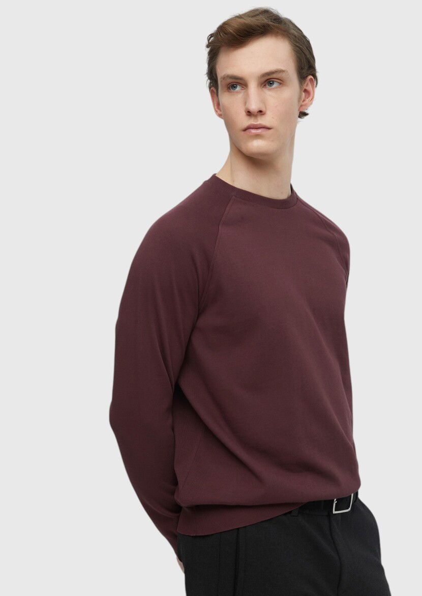 Burgundy Crew Neck Plain Sweatshirt - 4