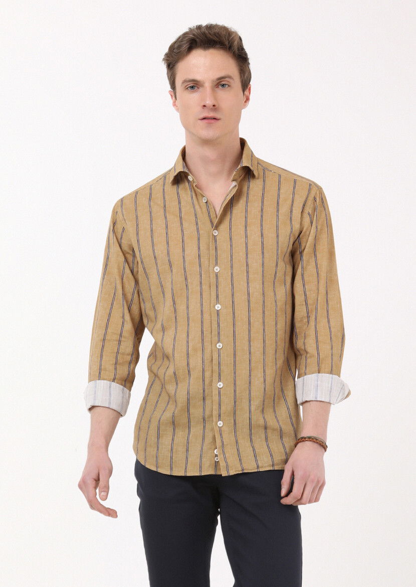 Deve Tüyü Baskılı Regular Fit Dokuma Casual %100 Pamuk Gömlek 