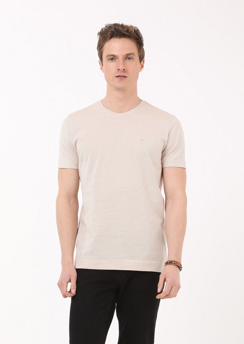 Deve Tüyü Çizgili Bisiklet Yaka %100 Pamuk T-Shirt - 1