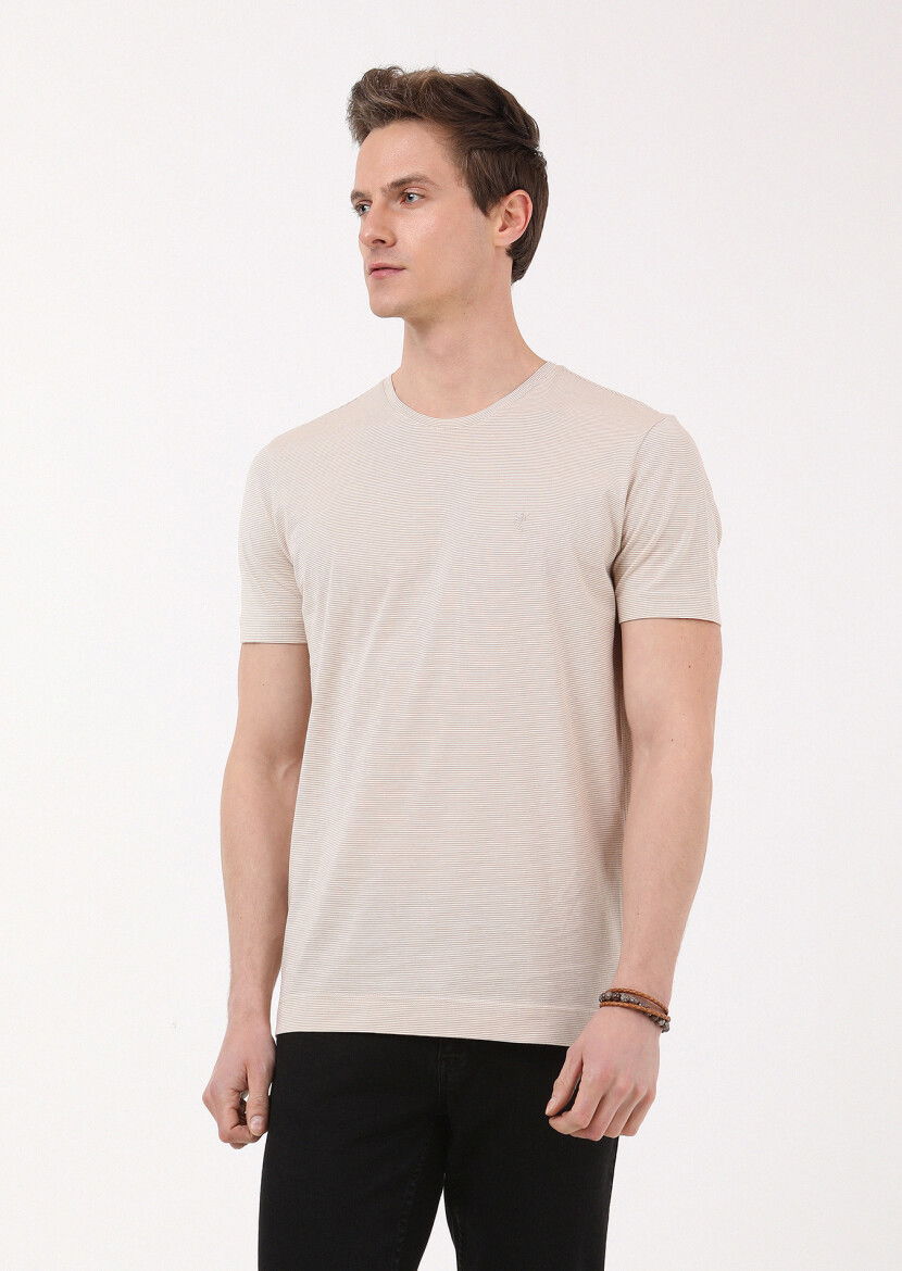 Deve Tüyü Çizgili Bisiklet Yaka %100 Pamuk T-Shirt - 2