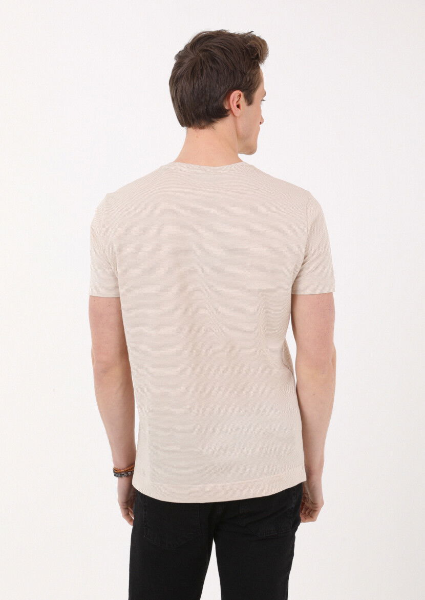 Deve Tüyü Çizgili Bisiklet Yaka %100 Pamuk T-Shirt - 5