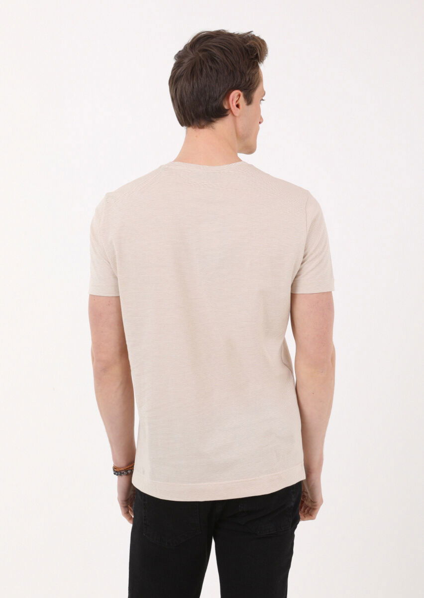 Deve Tüyü Çizgili Bisiklet Yaka %100 Pamuk T-Shirt - 5