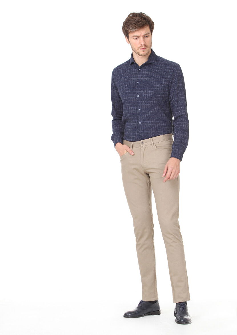 Deve Tüyü Düz Dokuma Slim Fit Casual Pamuk Karışımlı Pantolon - 1