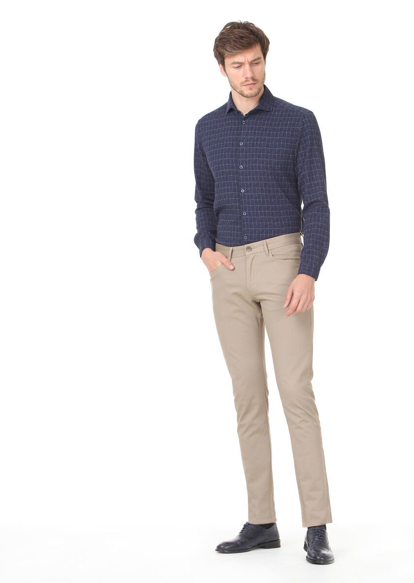 Deve Tüyü Düz Dokuma Slim Fit Casual Pamuk Karışımlı Pantolon - 1
