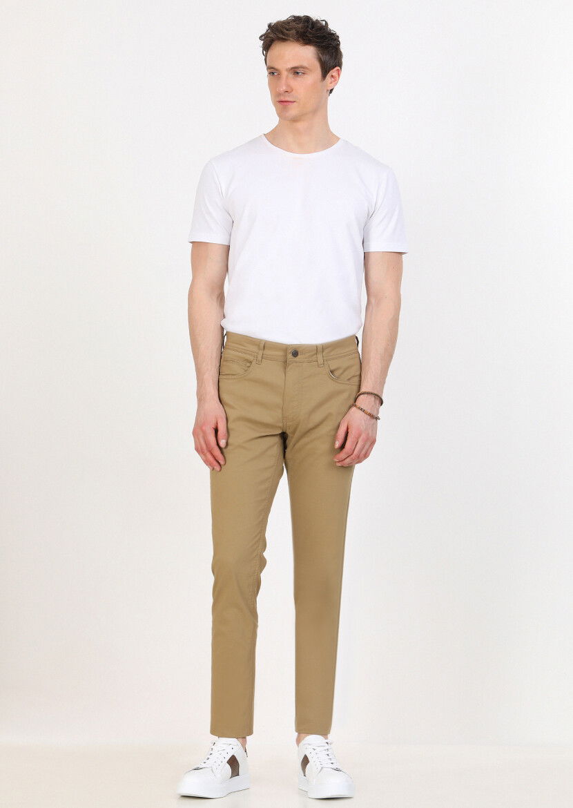Deve Tüyü Düz Dokuma Slim Fit Casual Pamuk Karışımlı Pantolon - 1