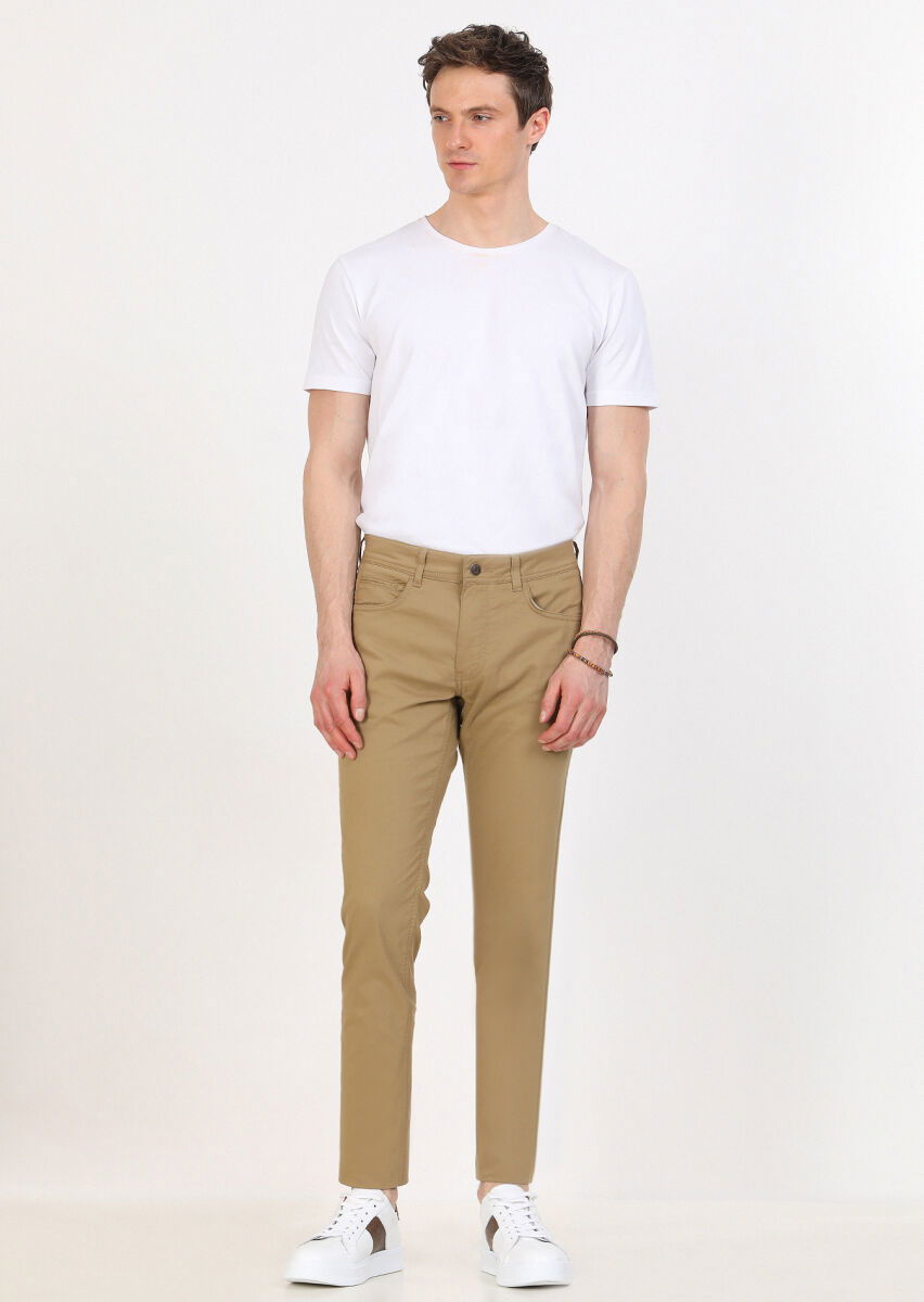 Deve Tüyü Düz Dokuma Slim Fit Casual Pamuk Karışımlı Pantolon - 1