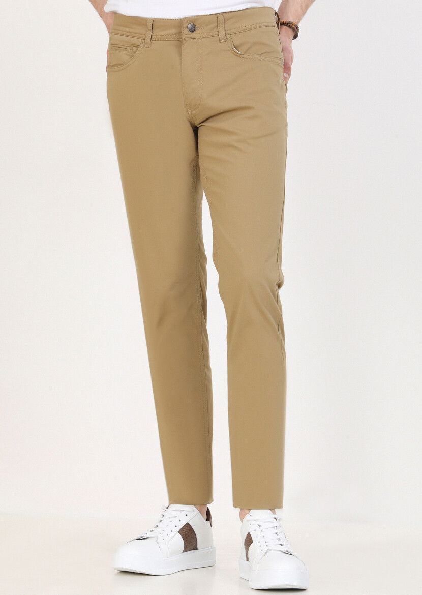 Deve Tüyü Düz Dokuma Slim Fit Casual Pamuk Karışımlı Pantolon - 2
