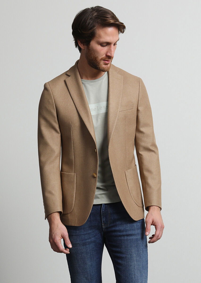 Deve Tüyü Düz Shirt Shoulder Slim Fit Yün Karışımlı Ceket - 3