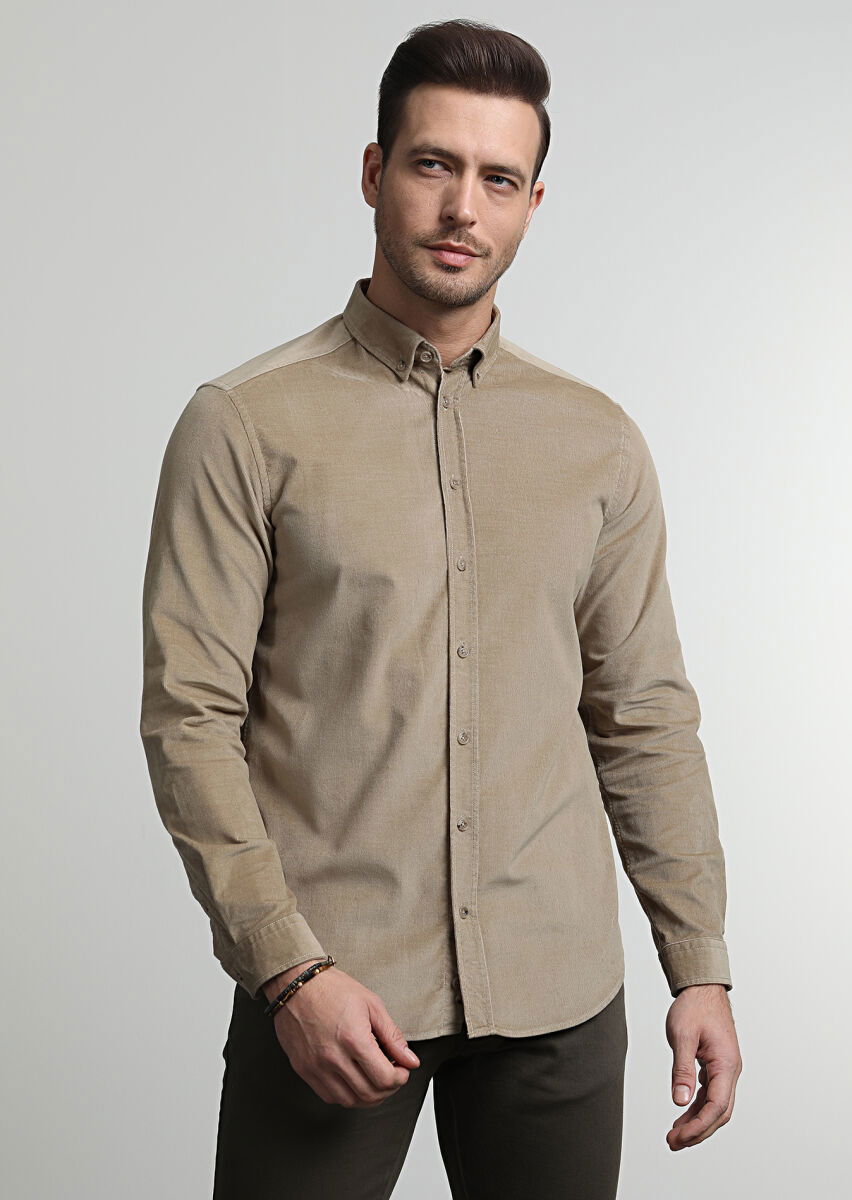 Deve Tüyü Fitilli Regular Fit Dokuma Kadife Casual Pamuk Karışımlı Gömlek - 3