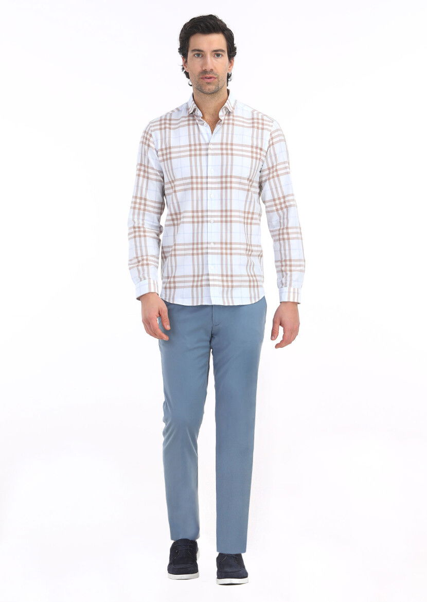 Deve Tüyü Kareli Regular Fit Dokuma Casual %100 Pamuk Gömlek - 1
