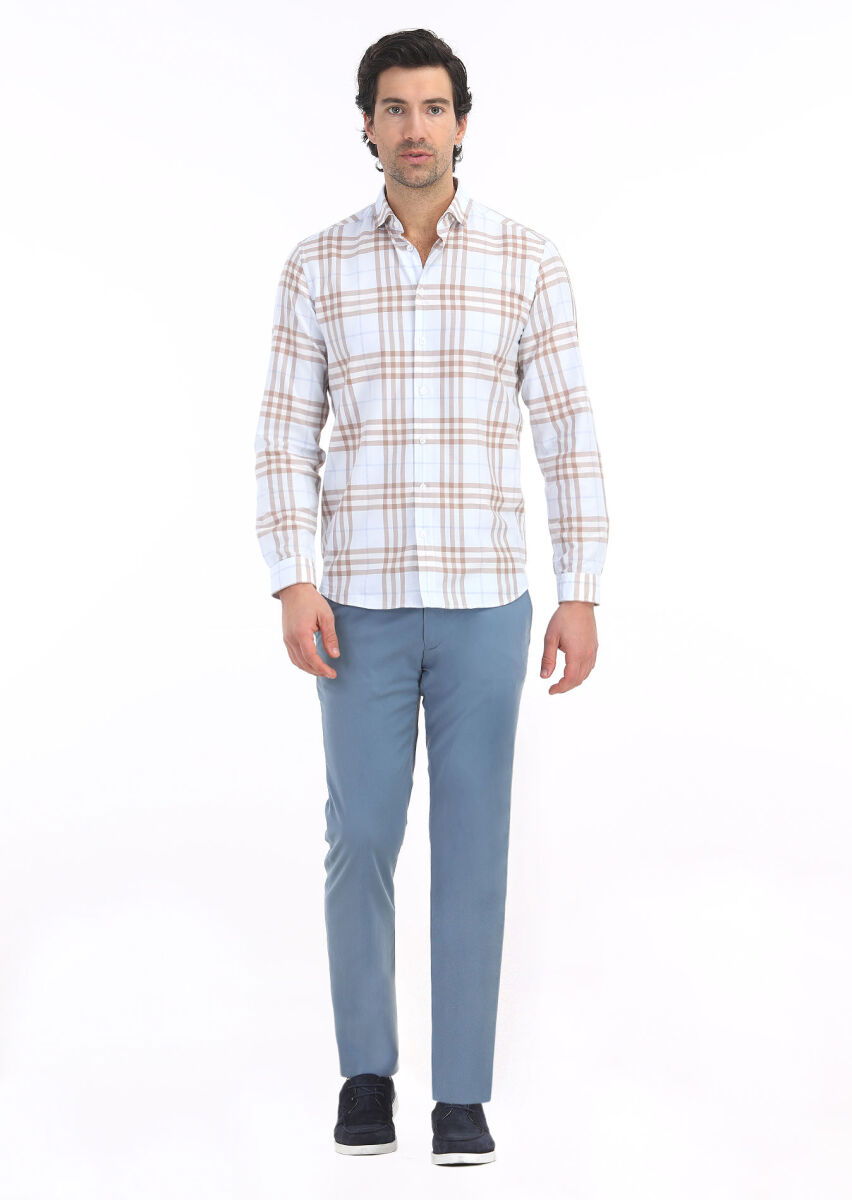 Deve Tüyü Kareli Regular Fit Dokuma Casual %100 Pamuk Gömlek - 1