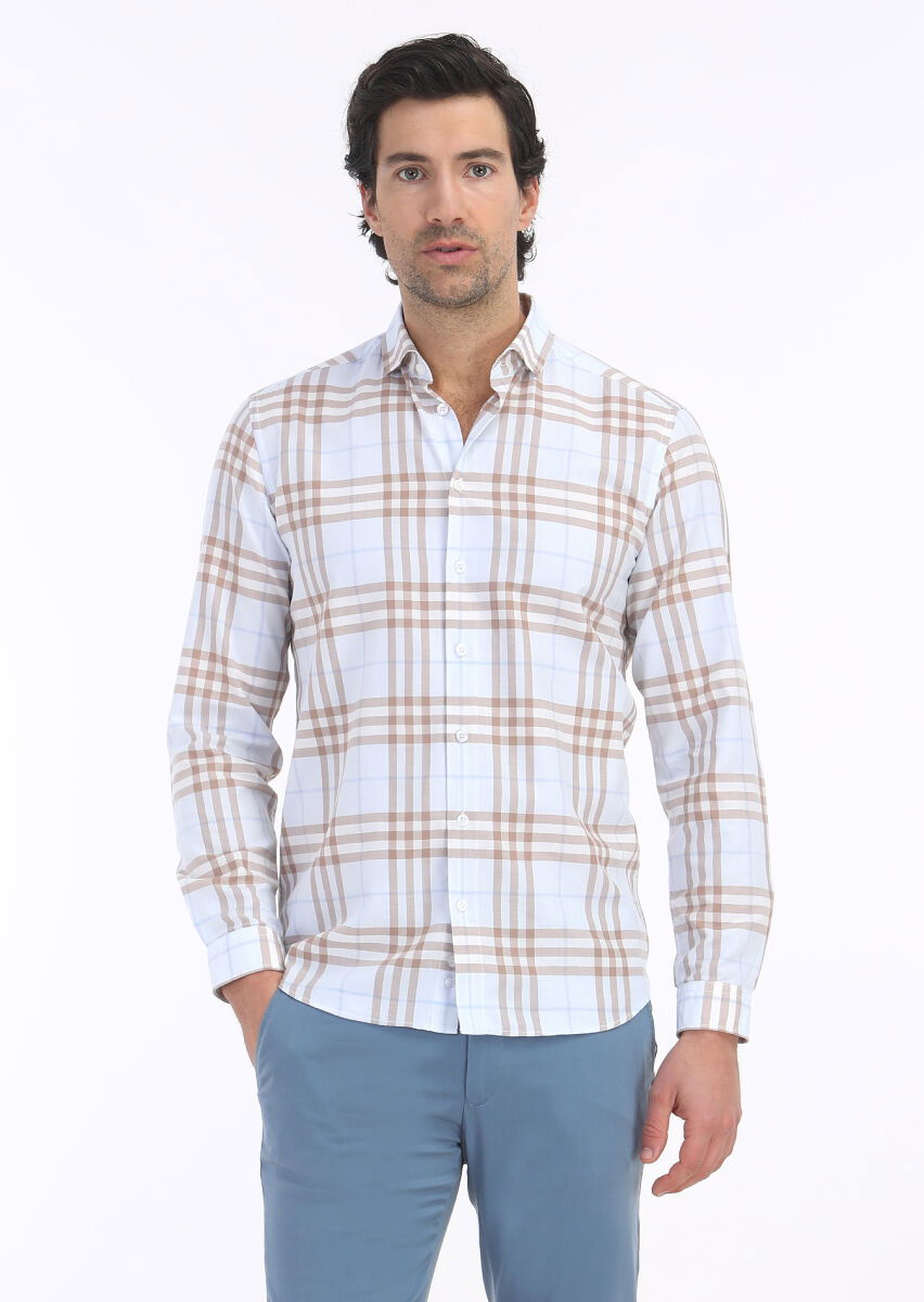 Deve Tüyü Kareli Regular Fit Dokuma Casual %100 Pamuk Gömlek - 2