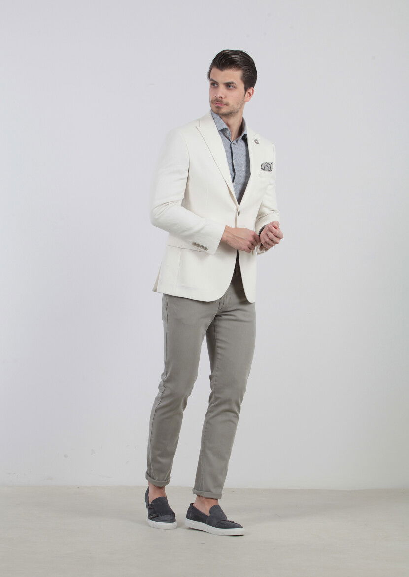 Ecru Patterned Zeroweight-Slim Fit Cotton Blended Jacket - 3