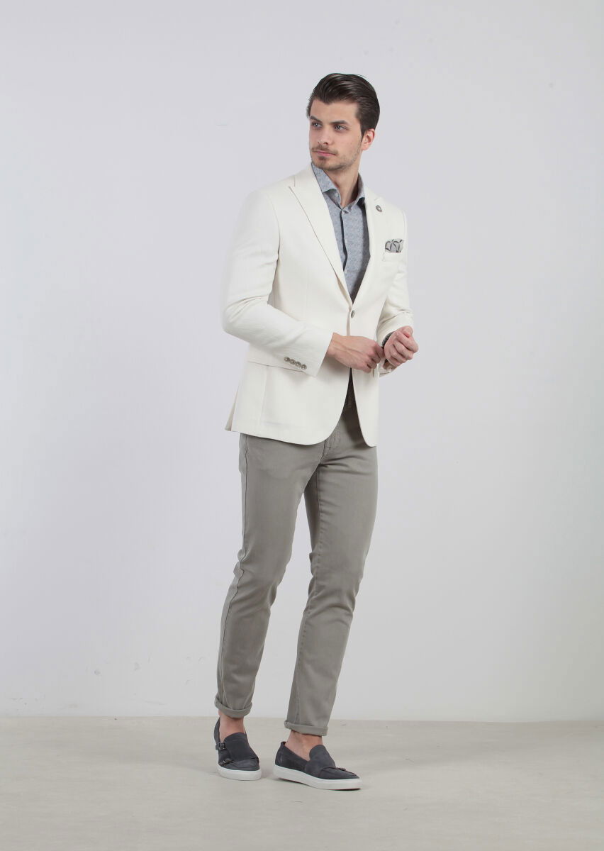 Ecru Patterned Zeroweight-Slim Fit Cotton Blended Jacket - 3