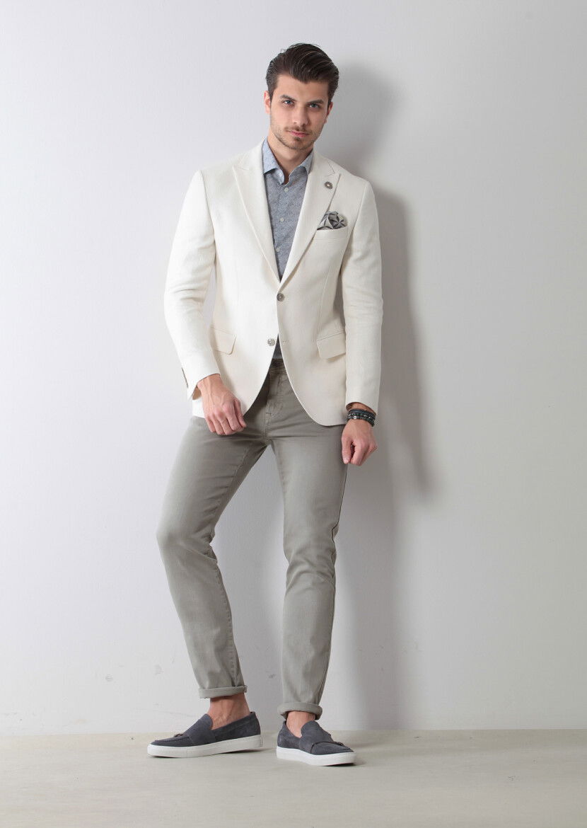 Ecru Patterned Zeroweight-Slim Fit Cotton Blended Jacket - 5