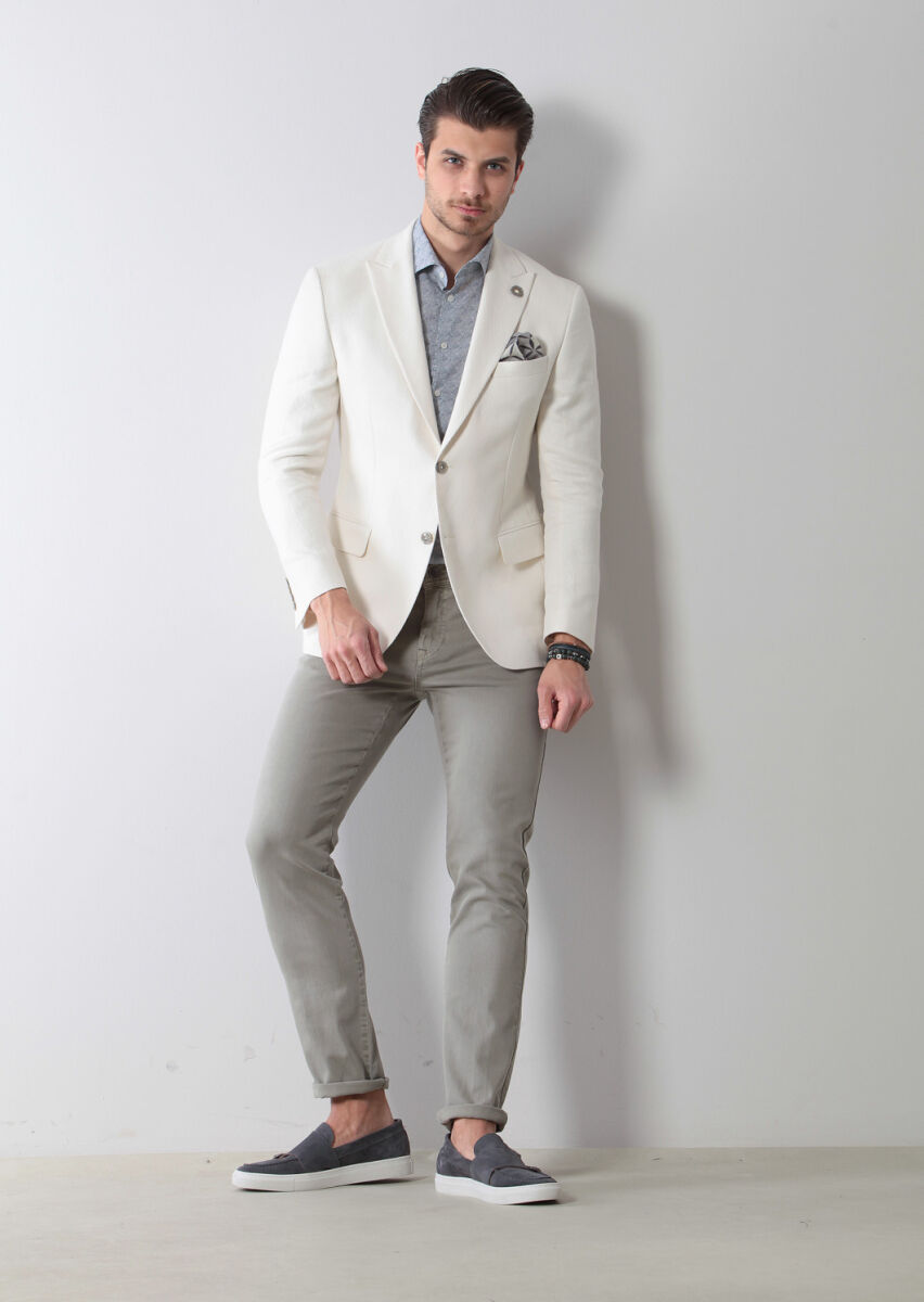Ecru Patterned Zeroweight-Slim Fit Cotton Blended Jacket - 5