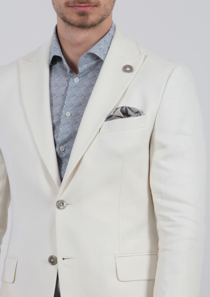 Ecru Patterned Zeroweight-Slim Fit Cotton Blended Jacket - 6