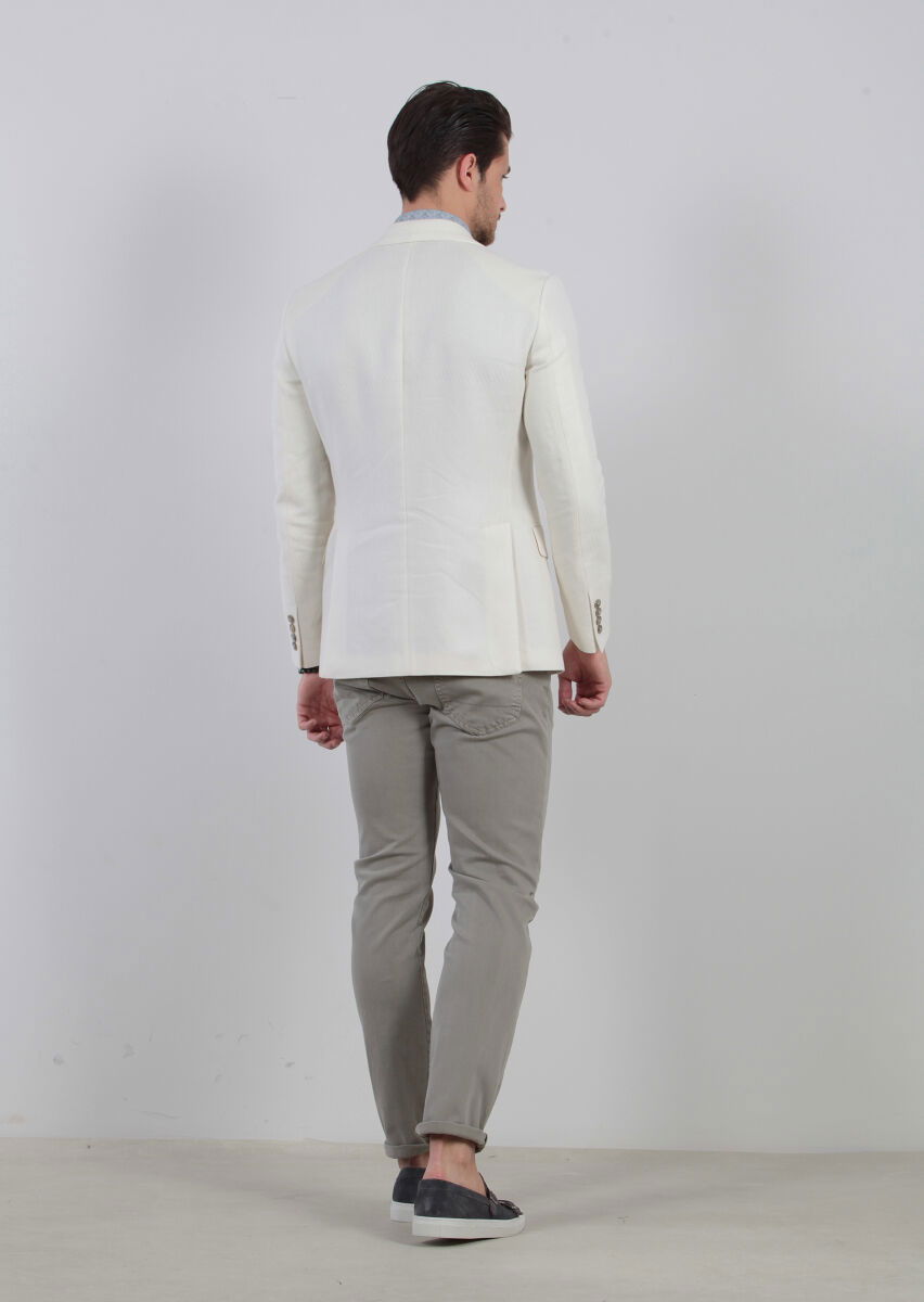 Ecru Patterned Zeroweight-Slim Fit Cotton Blended Jacket - 7