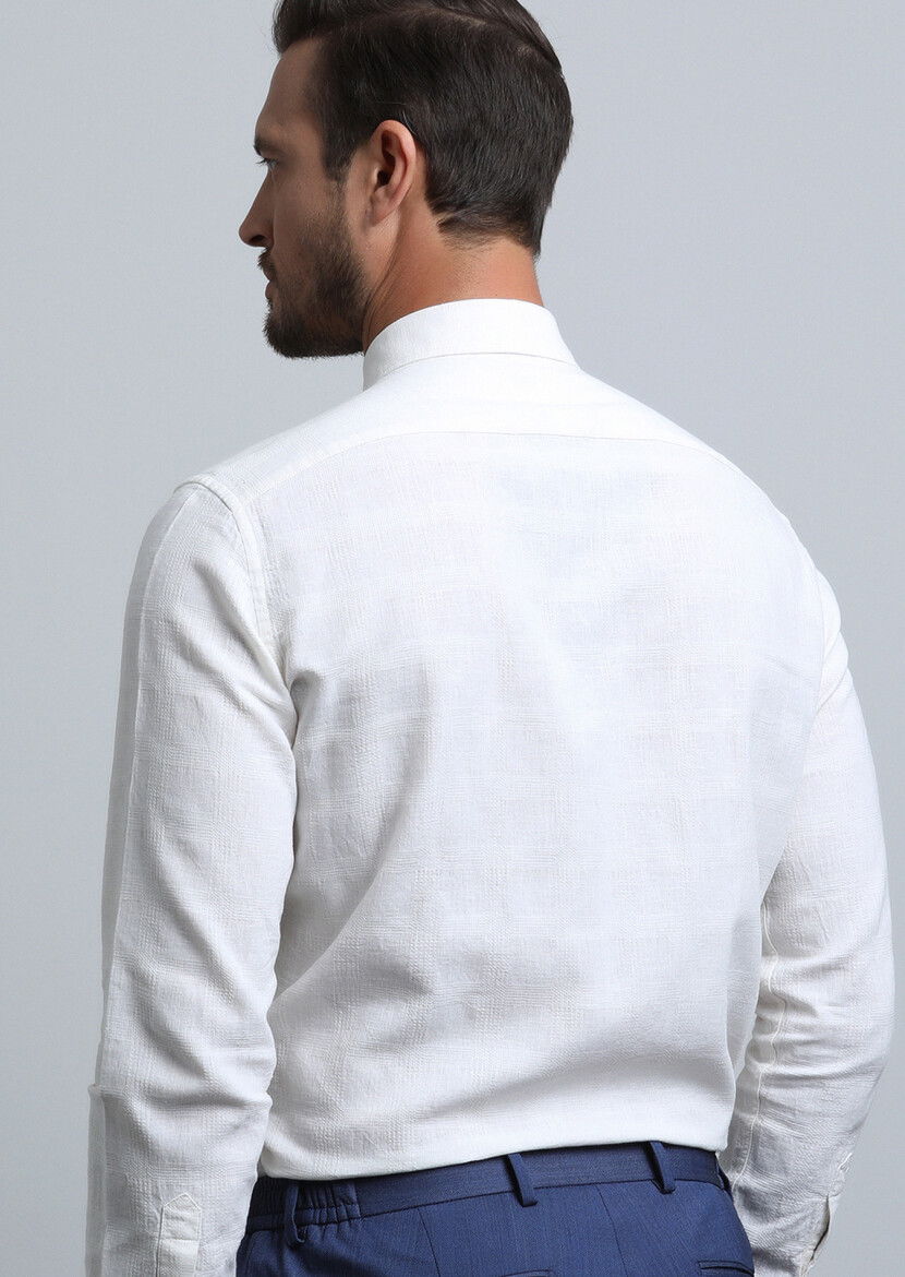 Ecru Regular Fit Weaving Casual Cotton Blended Shirt - 5