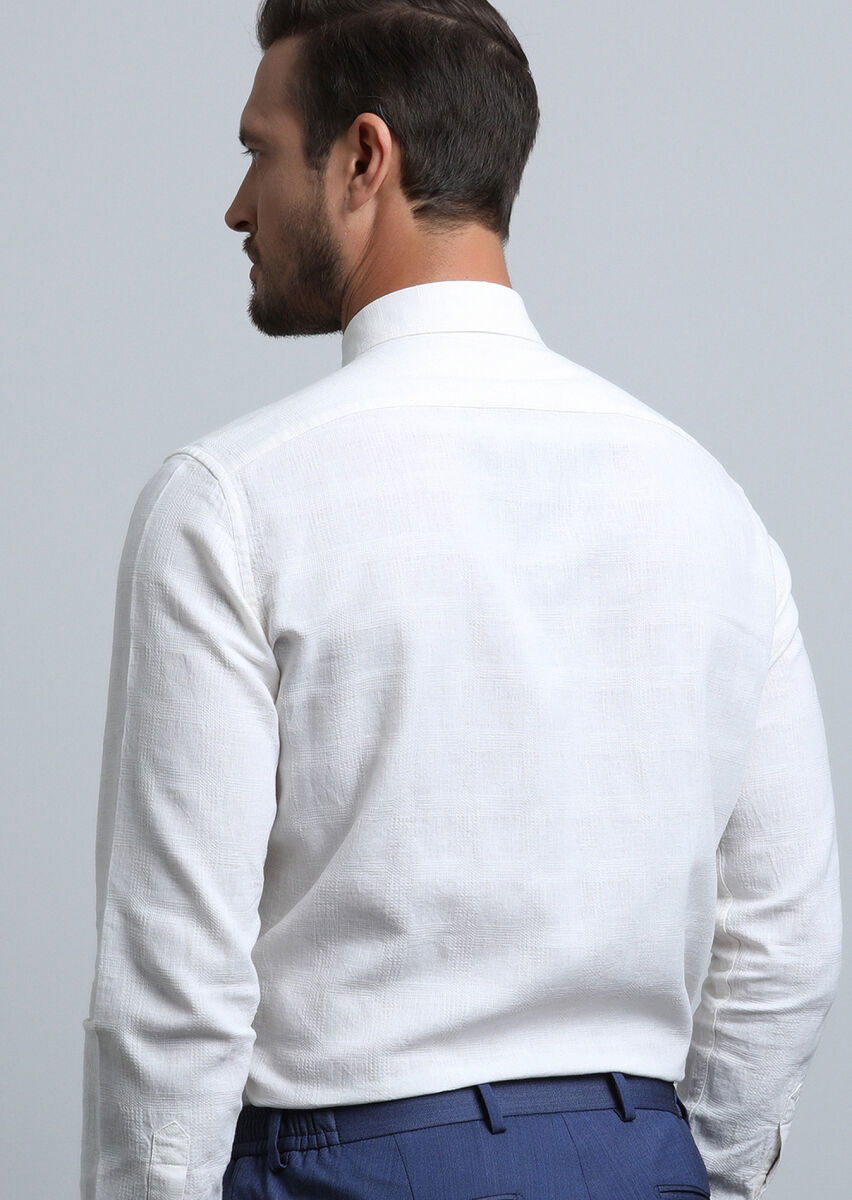 Ecru Regular Fit Weaving Casual Cotton Blended Shirt - 5