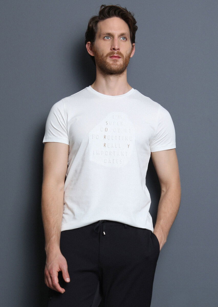 Ekru Baskılı %100 Pamuk T-Shirt - 1