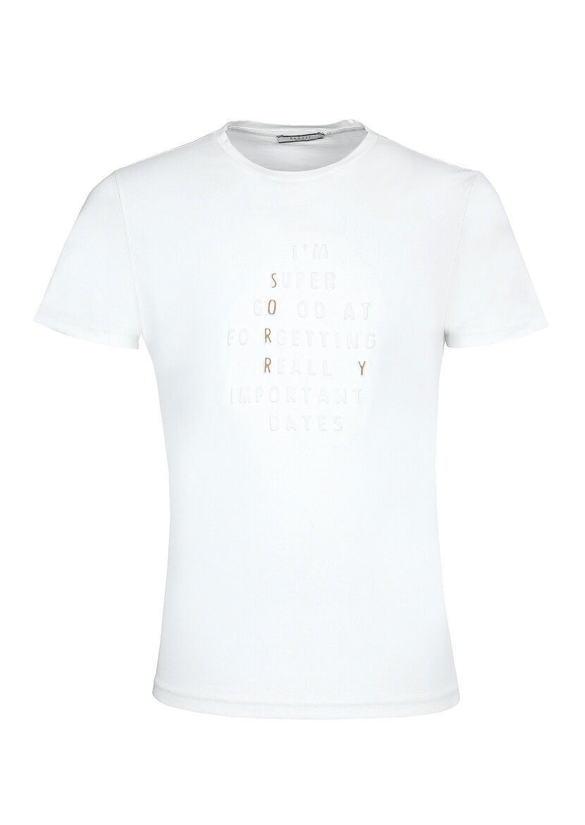 Ekru Baskılı %100 Pamuk T-Shirt - 6