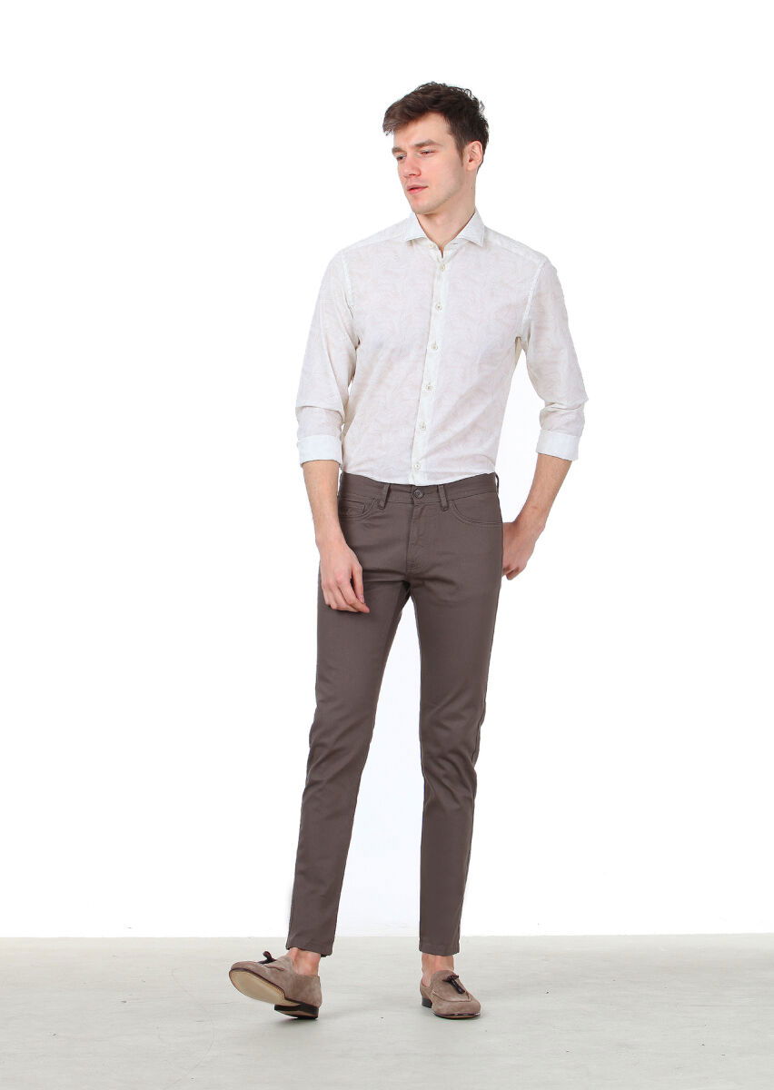 Ekru Baskılı Regular Fit Dokuma Casual %100 Pamuk Gömlek - 2