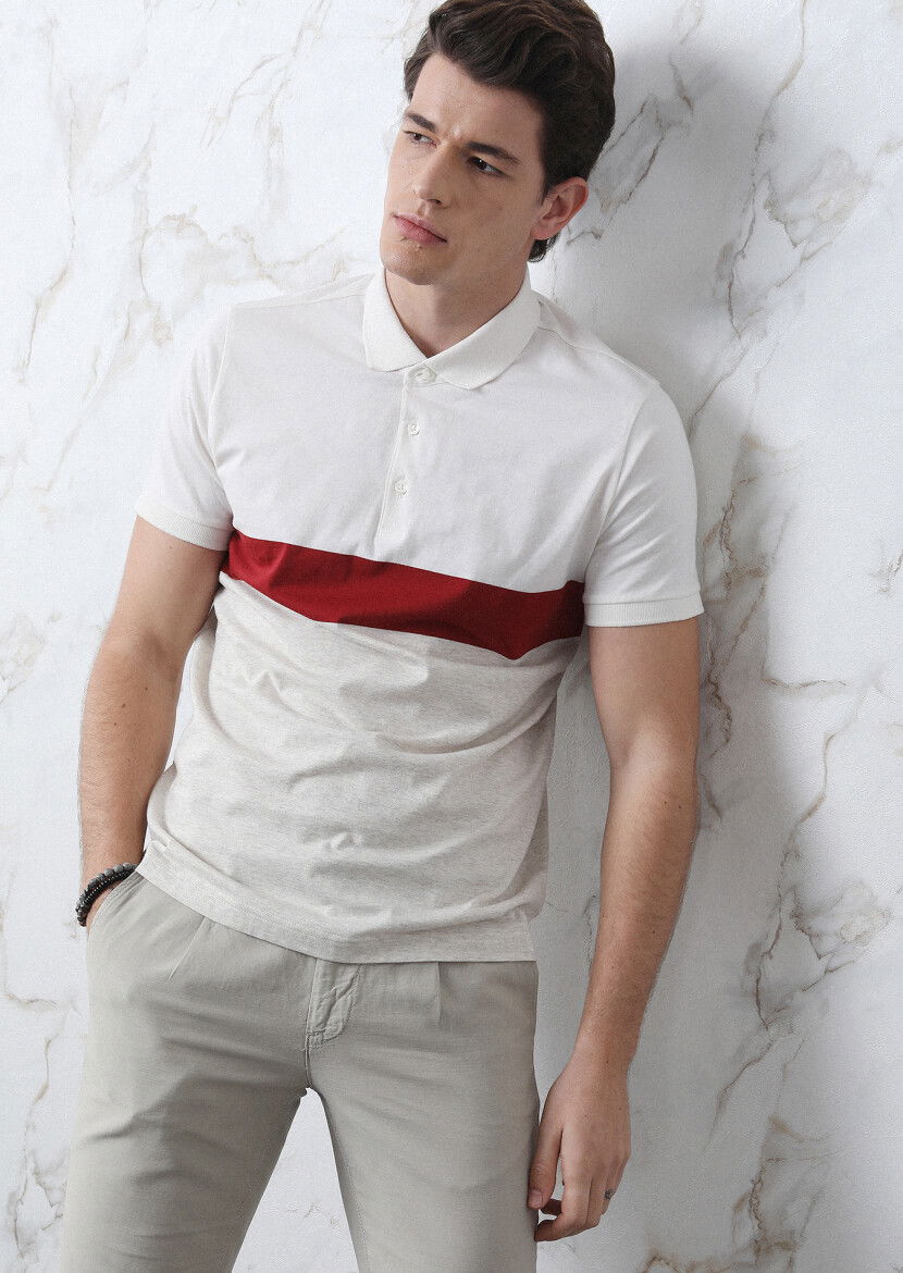 Ekru Çizgili Polo Yaka %100 Pamuk T-Shirt - 2