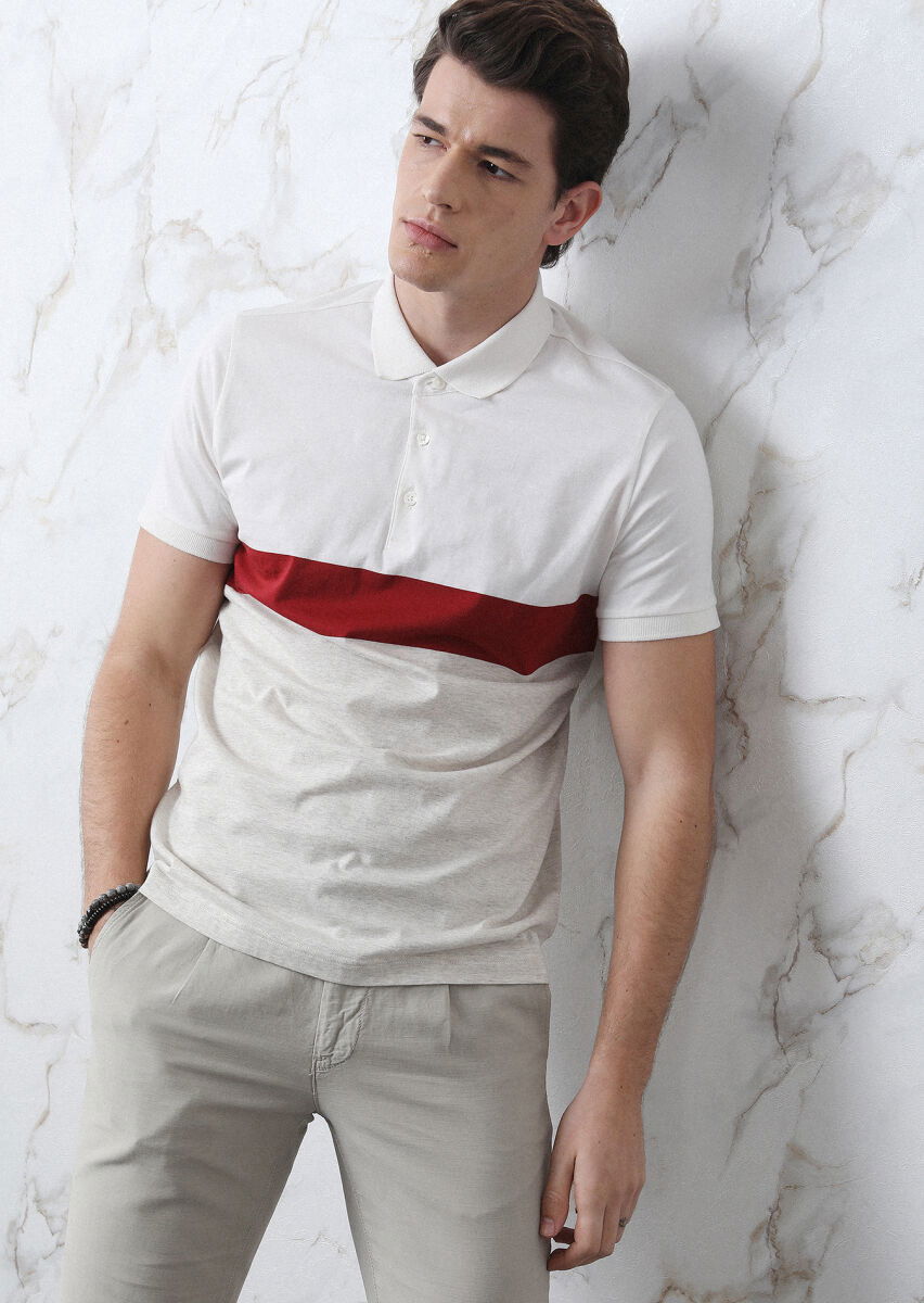 Ekru Çizgili Polo Yaka %100 Pamuk T-Shirt - 2