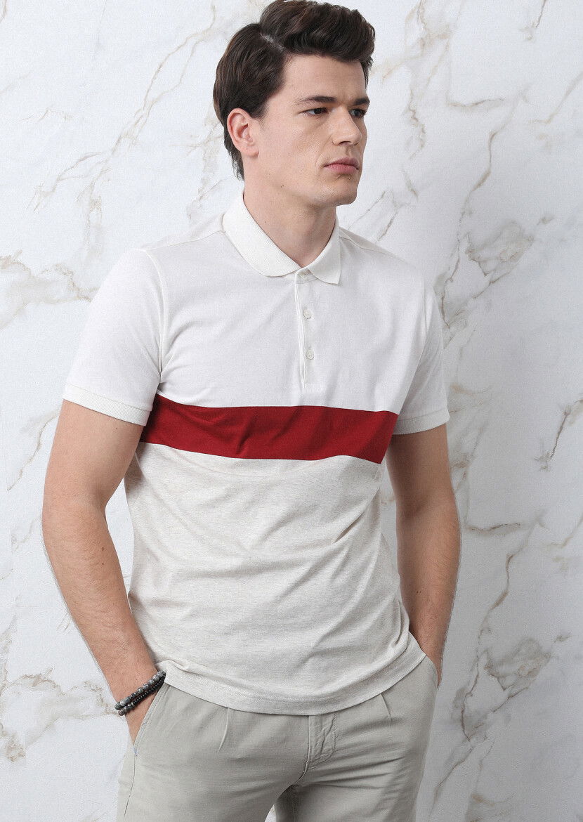 Ekru Çizgili Polo Yaka %100 Pamuk T-Shirt - 4