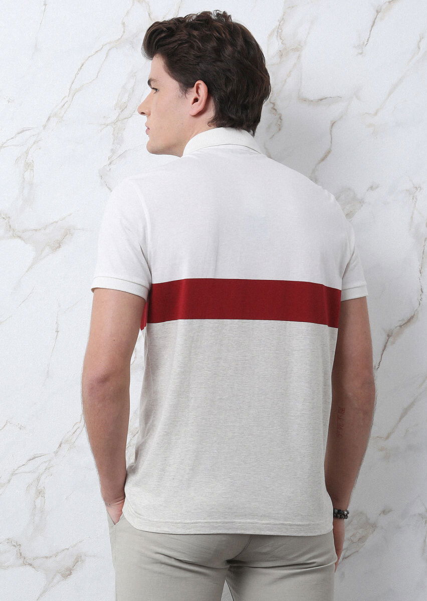 Ekru Çizgili Polo Yaka %100 Pamuk T-Shirt - 5