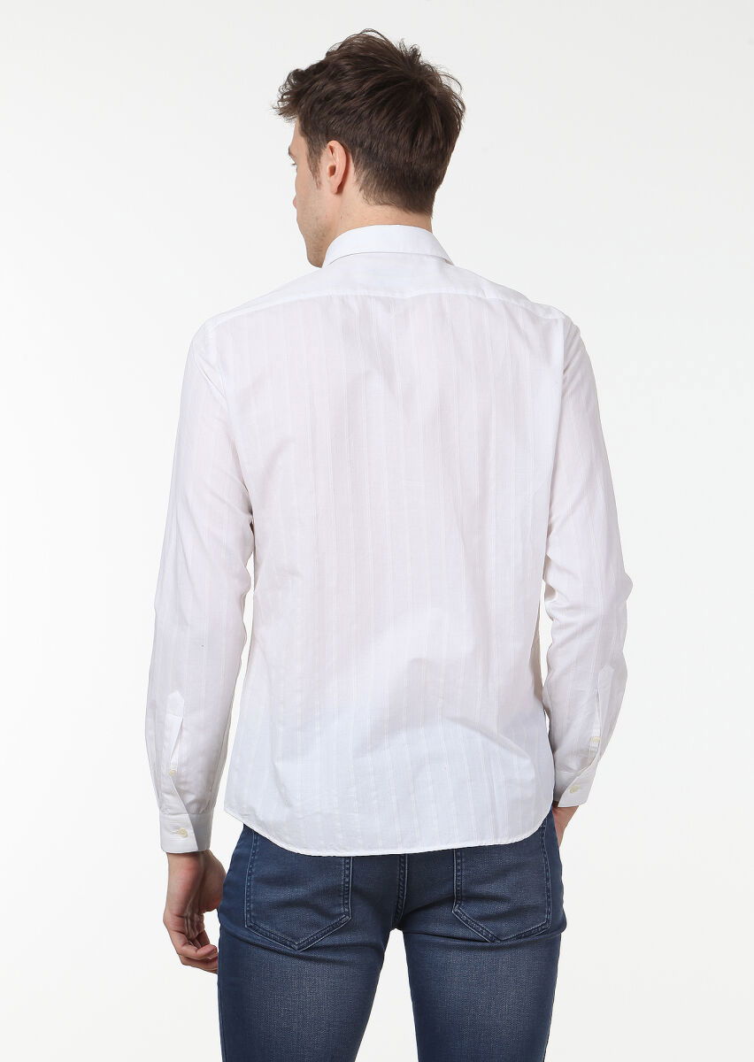 Ekru Çizgili Slim Fit Dokuma Casual Pamuk Karışımlı Gömlek - 4