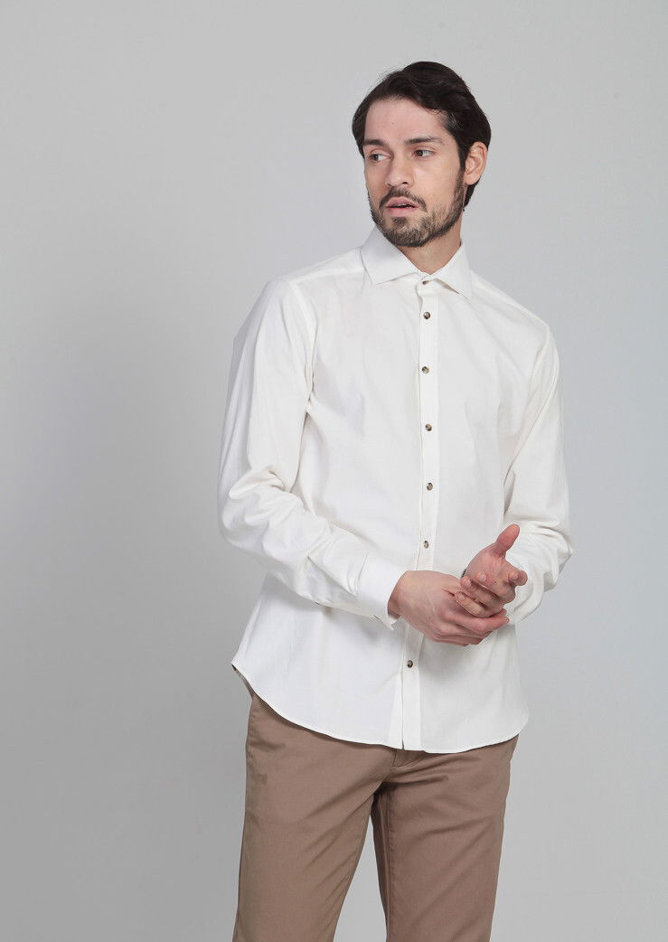 Ekru Çizgili Slim Fit Dokuma Kadife Casual Pamuk Karışımlı Gömlek 