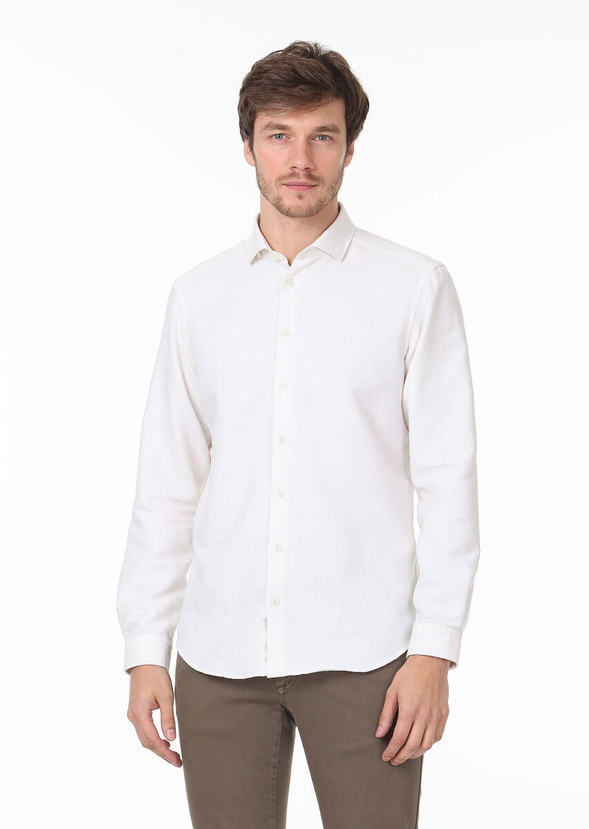 Ekru Desenli Regular Fit Dokuma Casual Pamuk Karışımlı Gömlek - 1