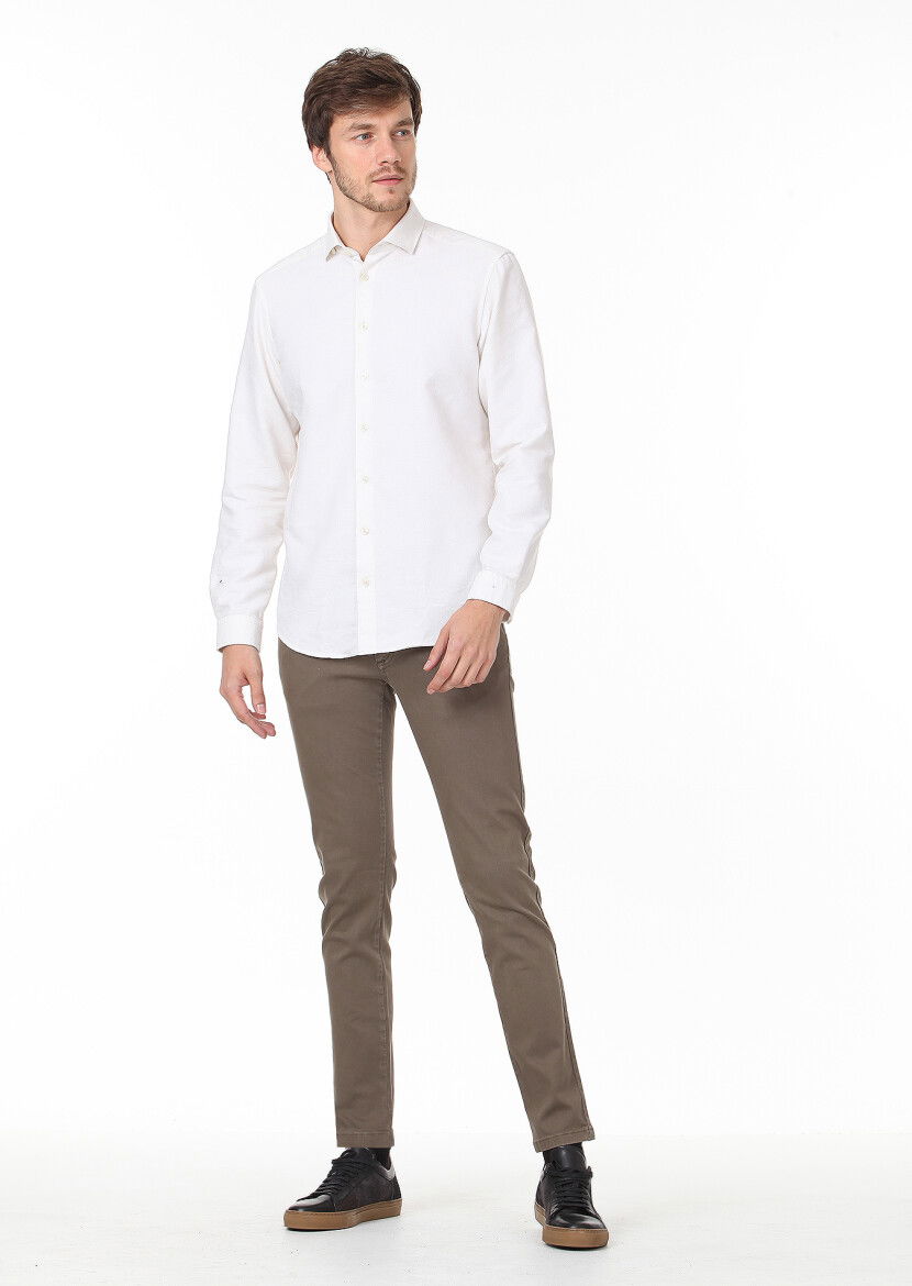 Ekru Desenli Regular Fit Dokuma Casual Pamuk Karışımlı Gömlek - 3