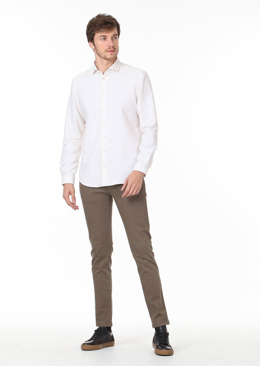 Ekru Desenli Regular Fit Dokuma Casual Pamuk Karışımlı Gömlek - 3