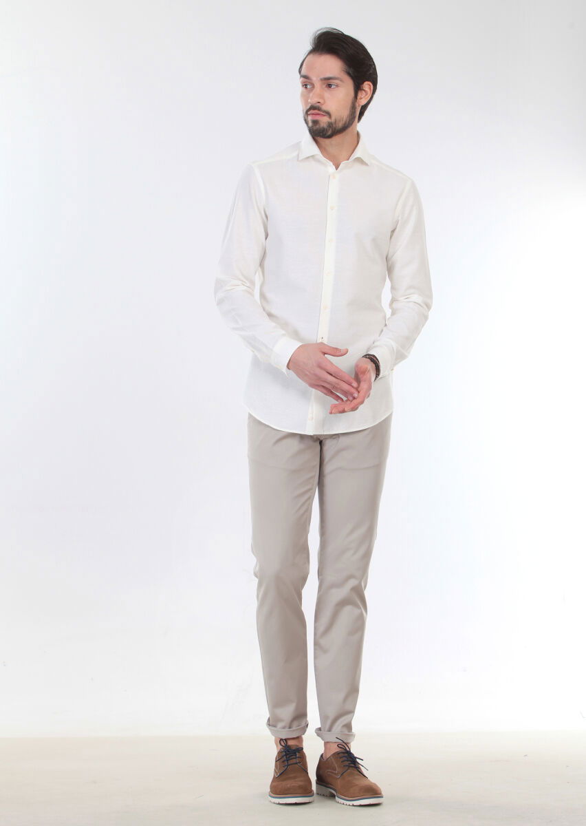 Ekru Desenli Slim Fit Dokuma Casual %100 Pamuk Gömlek - 3