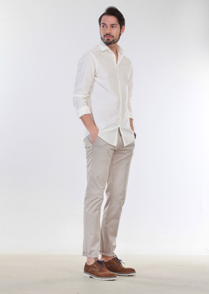 Ekru Desenli Slim Fit Dokuma Casual %100 Pamuk Gömlek - 6