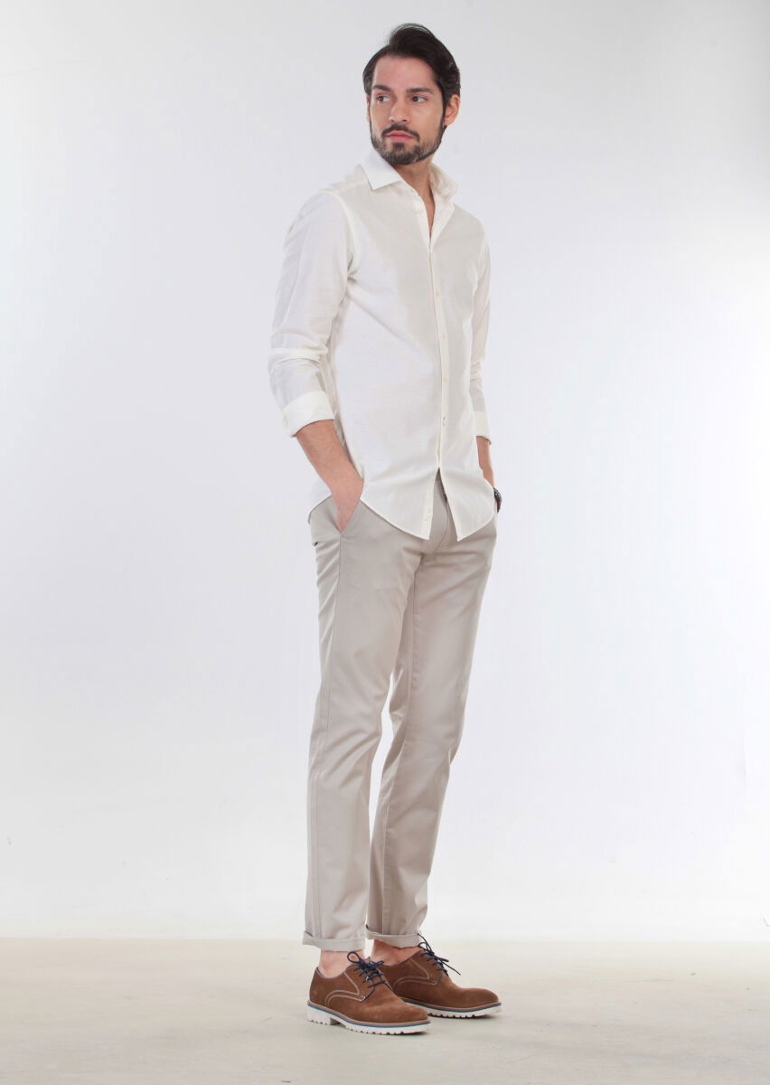 Ekru Desenli Slim Fit Dokuma Casual %100 Pamuk Gömlek - 6