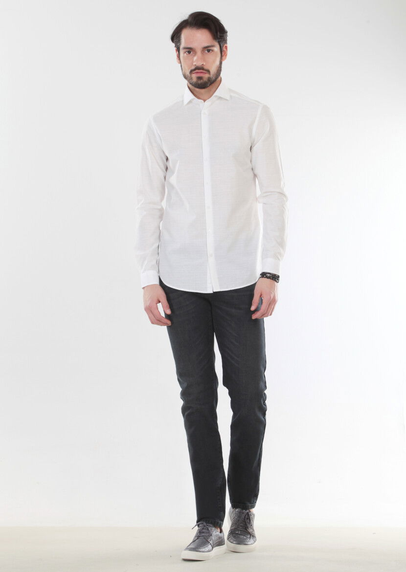 Ekru Desenli Slim Fit Dokuma Casual %100 Pamuk Gömlek - 1