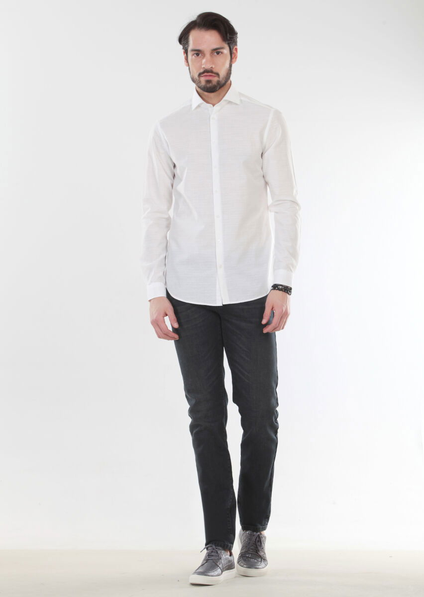 Ekru Desenli Slim Fit Dokuma Casual %100 Pamuk Gömlek - 1