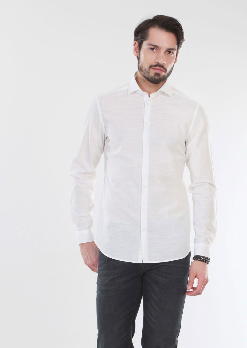 Ekru Desenli Slim Fit Dokuma Casual %100 Pamuk Gömlek - 3