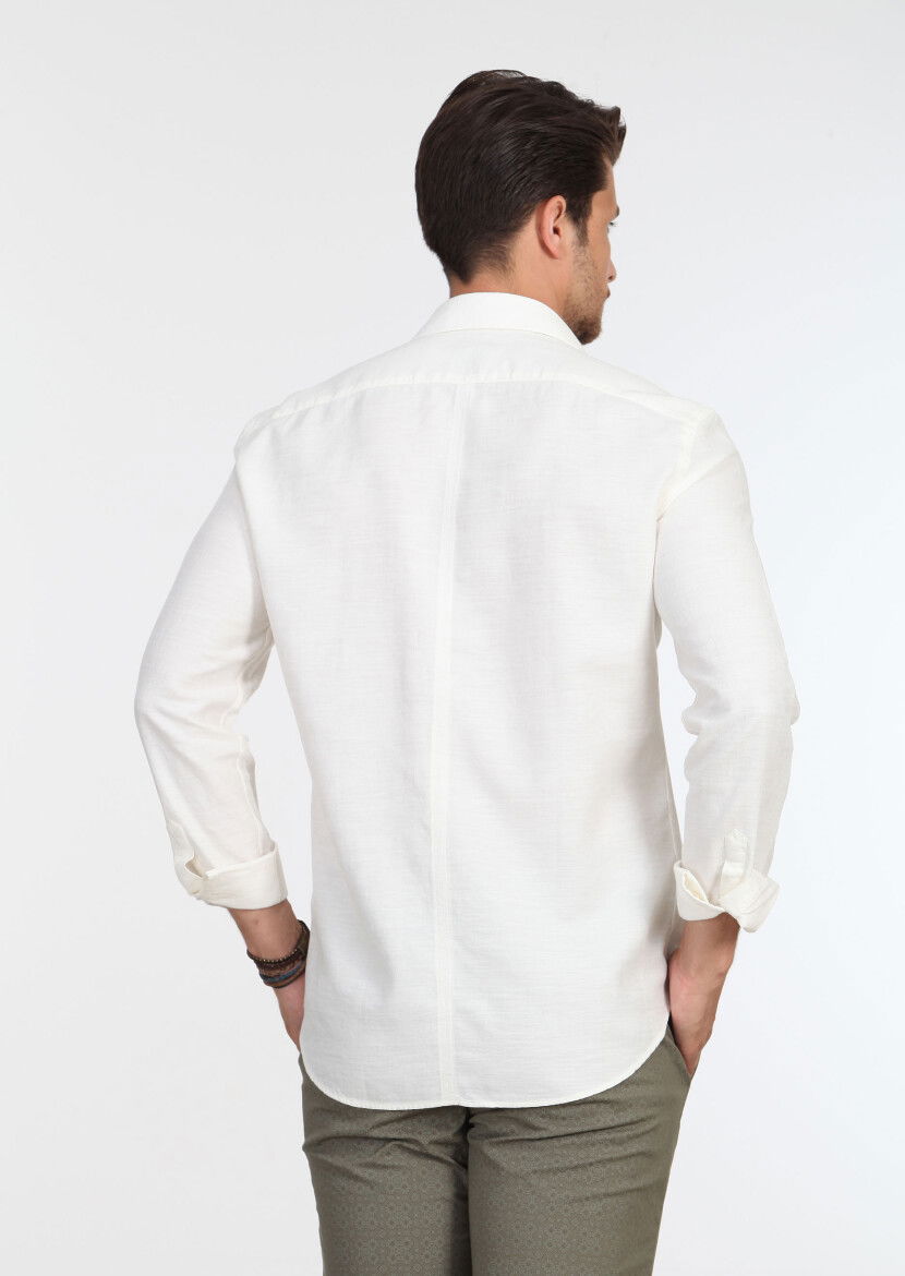 Ekru Desenli Slim Fit Dokuma Casual %100 Pamuk Gömlek - 4