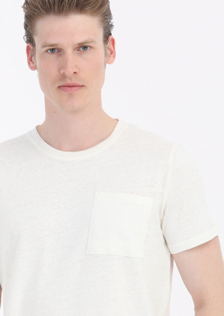 Ekru Düz Bisiklet Yaka %100 Keten T-Shirt - 4