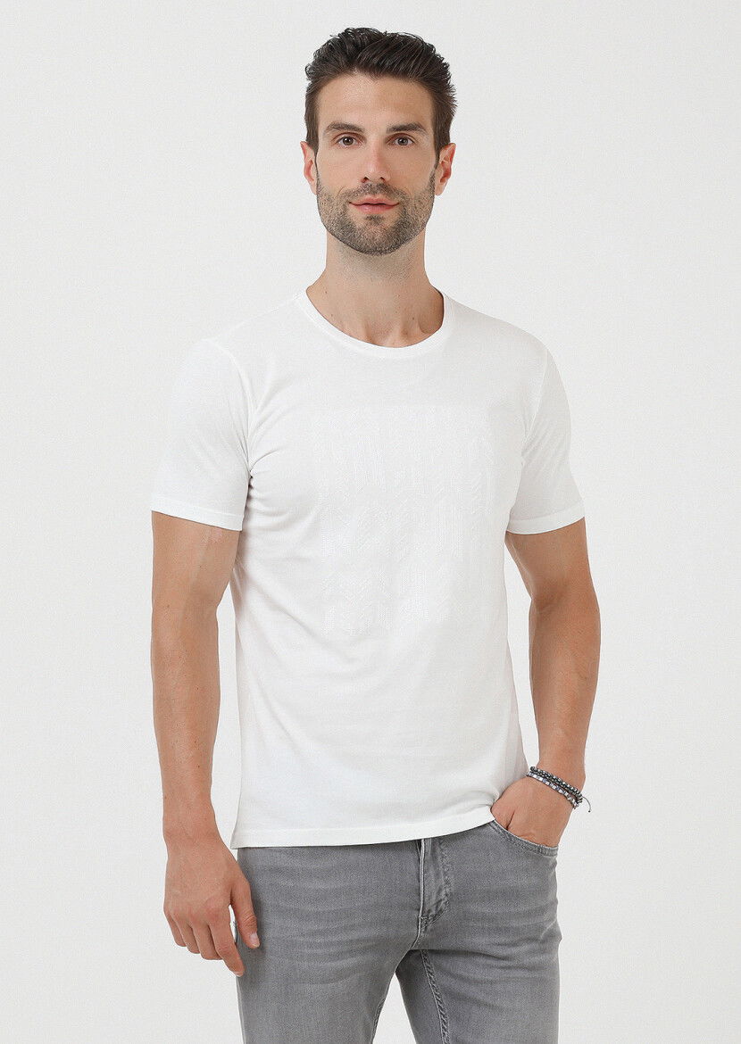 Ekru Düz Bisiklet Yaka %100 Pamuk T-Shirt - 1