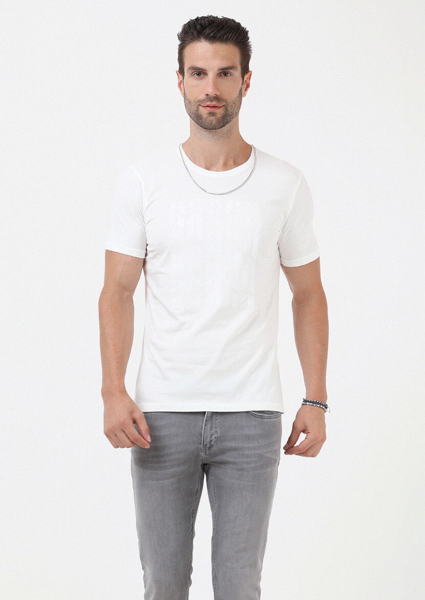 Ekru Düz Bisiklet Yaka %100 Pamuk T-Shirt - 2