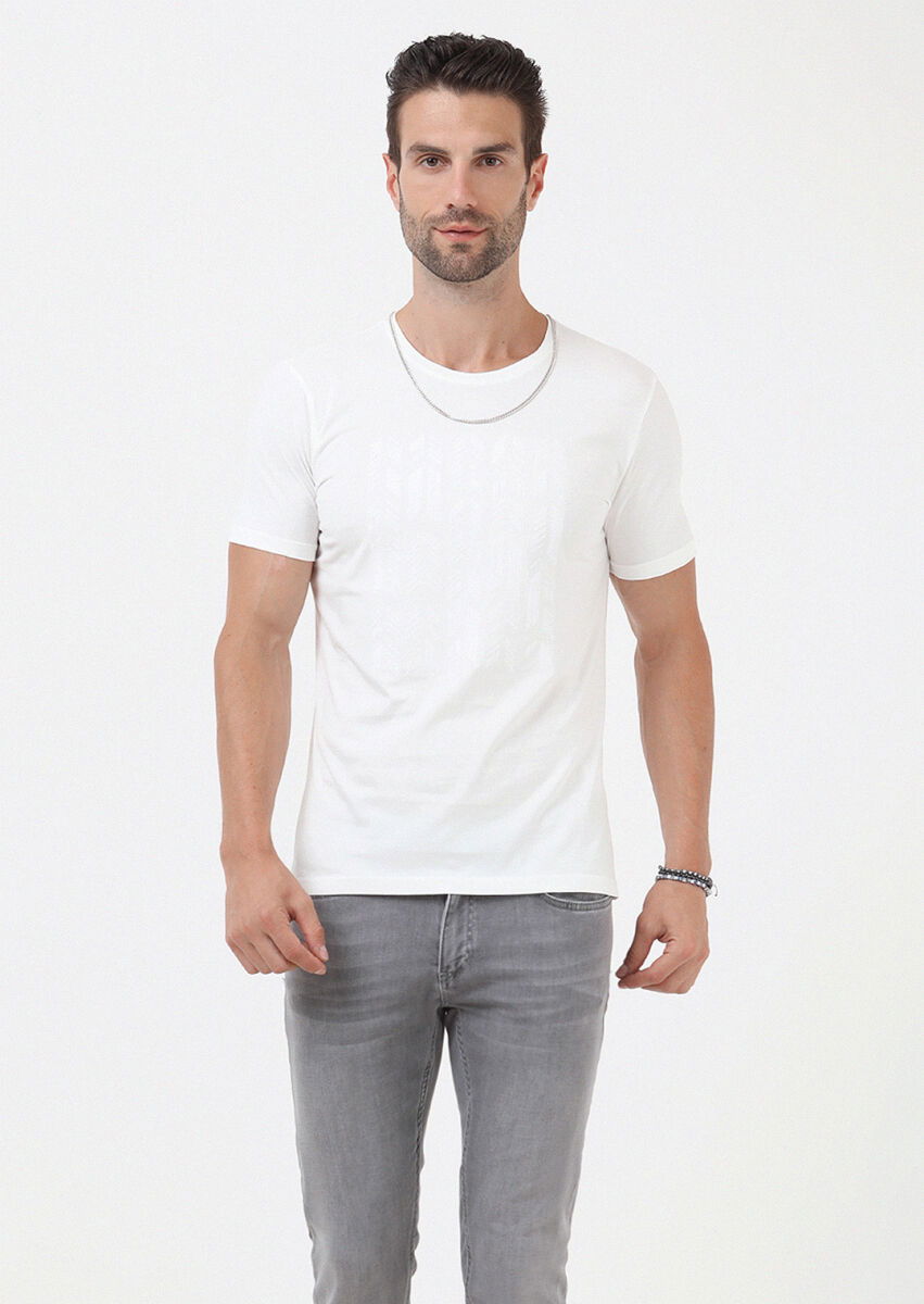 Ekru Düz Bisiklet Yaka %100 Pamuk T-Shirt - 2
