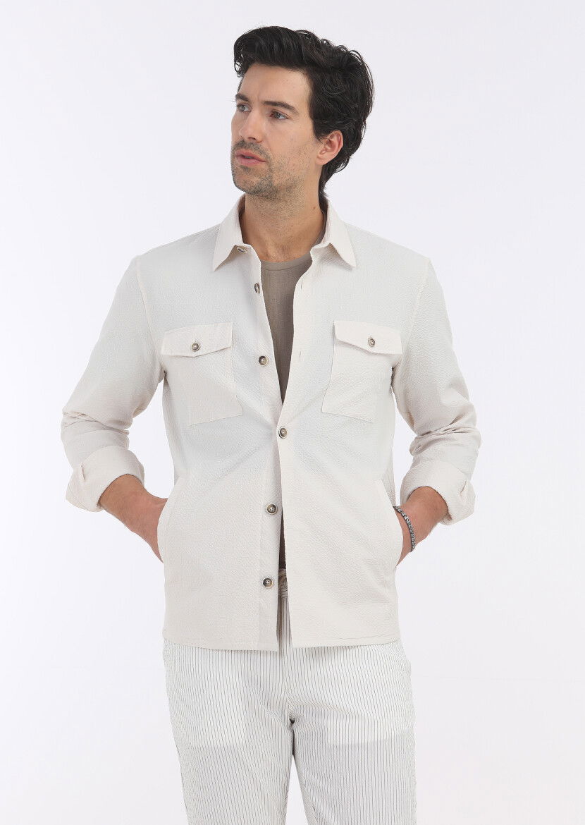 Ekru Düz Casual Fit Dokuma Pamuk Karışımlı Overshırt - 3