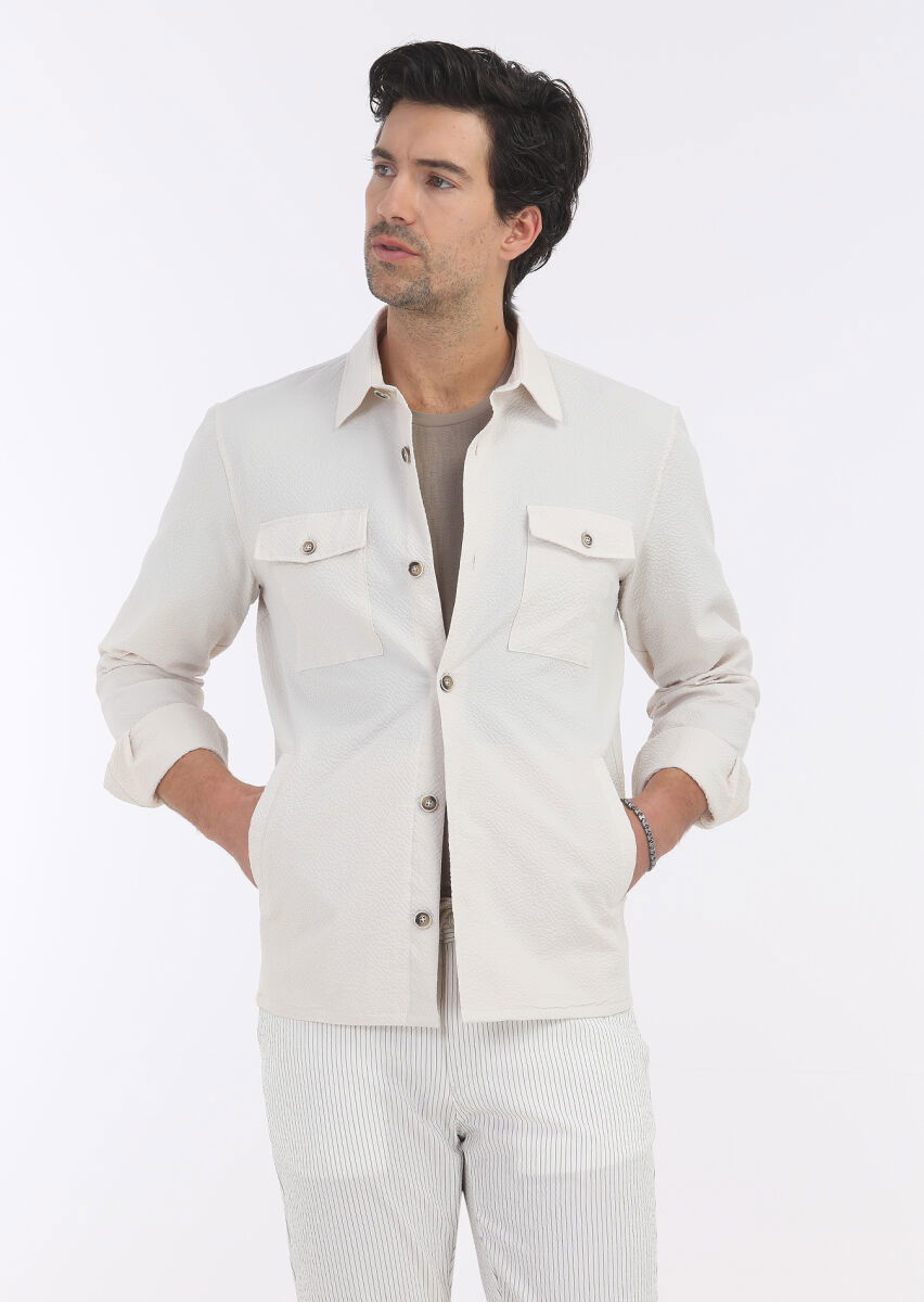 Ekru Düz Casual Fit Dokuma Pamuk Karışımlı Overshırt - 3